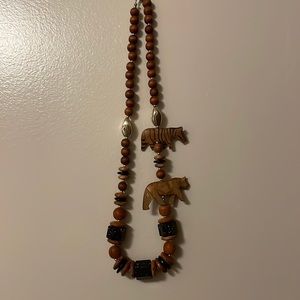 Vintage 1980 Wooden Bead  Necklace with Carved Wooden Animals Tribal